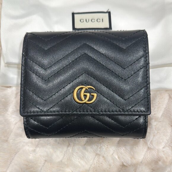 NWT Gucci GG Marmont Medium Leather Wallet with Double G Logo in Black & Gold - Picture 1 of 11